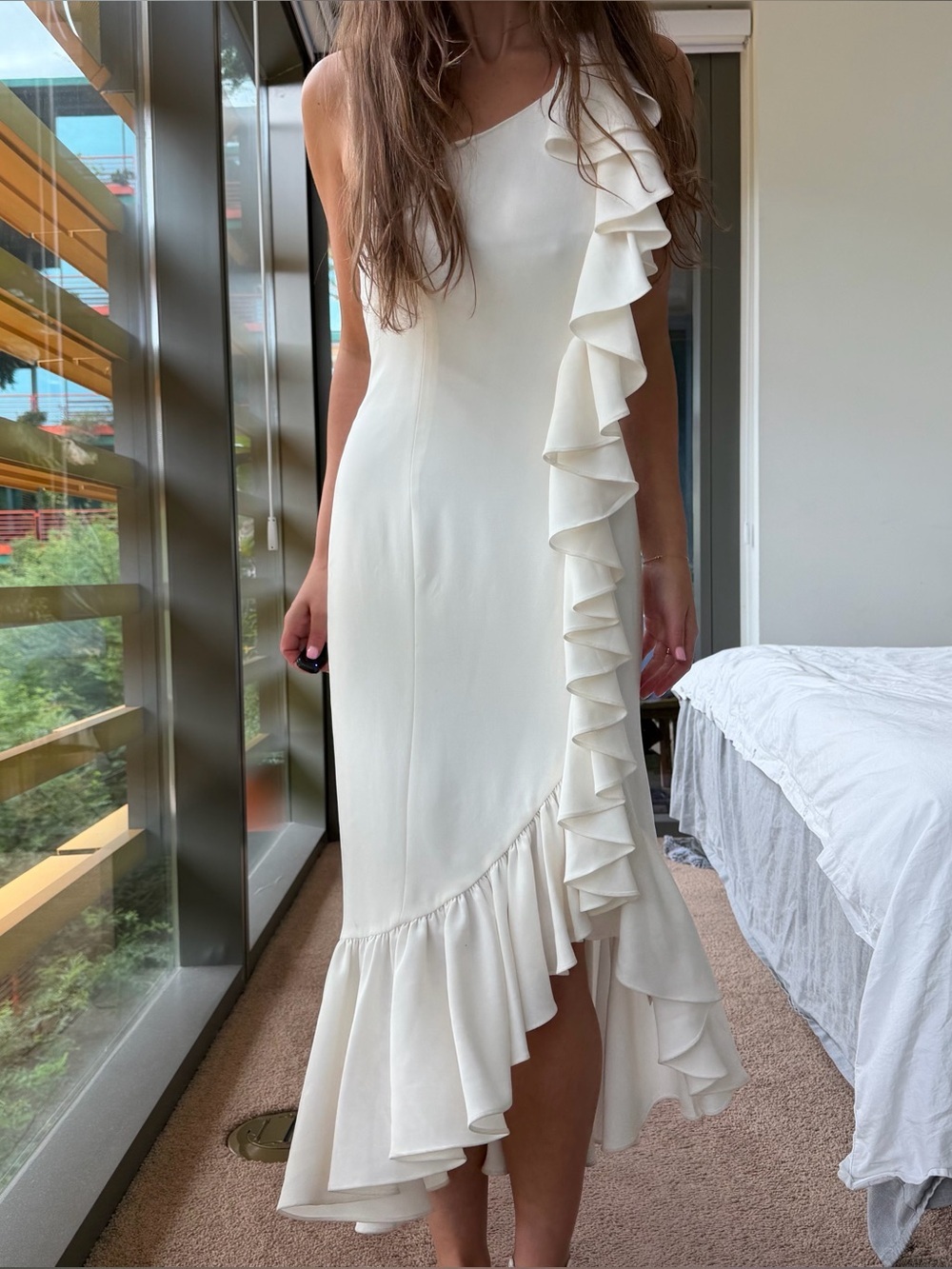 Cinq a Sept White Ruffle Midi Dress